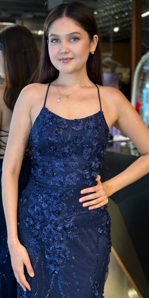 Lacivert İp Askılı Çiçek Detaylı Sırt Dekolteli Düz Kesim Tül Uzun Abiye Elbise 11060 - 3