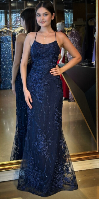 Lacivert İp Askılı Çiçek Detaylı Sırt Dekolteli Düz Kesim Tül Uzun Abiye Elbise 11060 