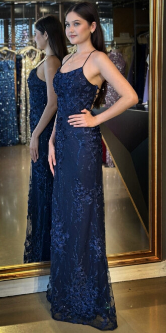 Lacivert İp Askılı Çiçek Detaylı Sırt Dekolteli Düz Kesim Tül Uzun Abiye Elbise 11060 - 2