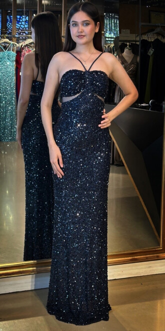 Lacivert İp Askılı Düz Kesim Payet Uzun Abiye Elbise 7702 - abiyeniall