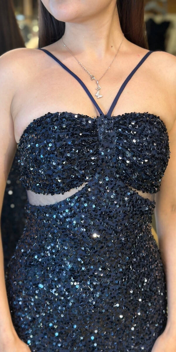 Lacivert İp Askılı Düz Kesim Payet Uzun Abiye Elbise 7702 - 4