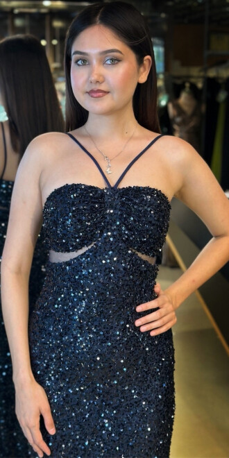 Lacivert İp Askılı Düz Kesim Payet Uzun Abiye Elbise 7702 - 3