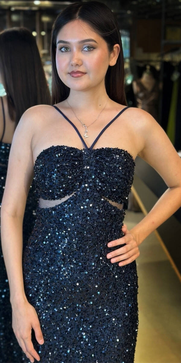 Lacivert İp Askılı Düz Kesim Payet Uzun Abiye Elbise 7702 - 3