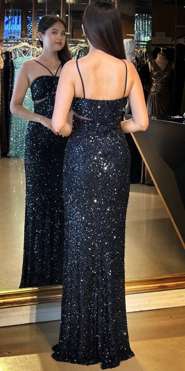 Lacivert İp Askılı Düz Kesim Payet Uzun Abiye Elbise 7702 - 5