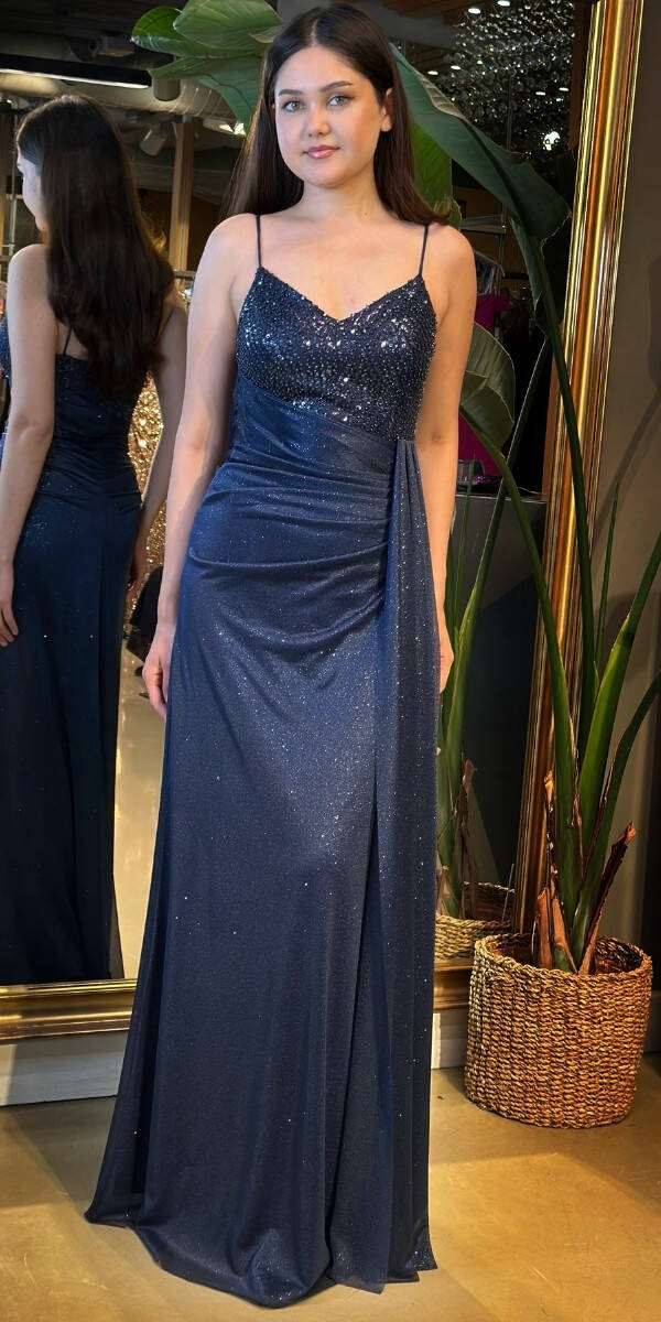 Lacivert İp Askılı Düz Kesim Simli Uzun Abiye Elbise 7767 - 1