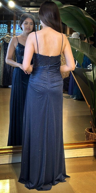 Lacivert İp Askılı Düz Kesim Simli Uzun Abiye Elbise 7767 - 5