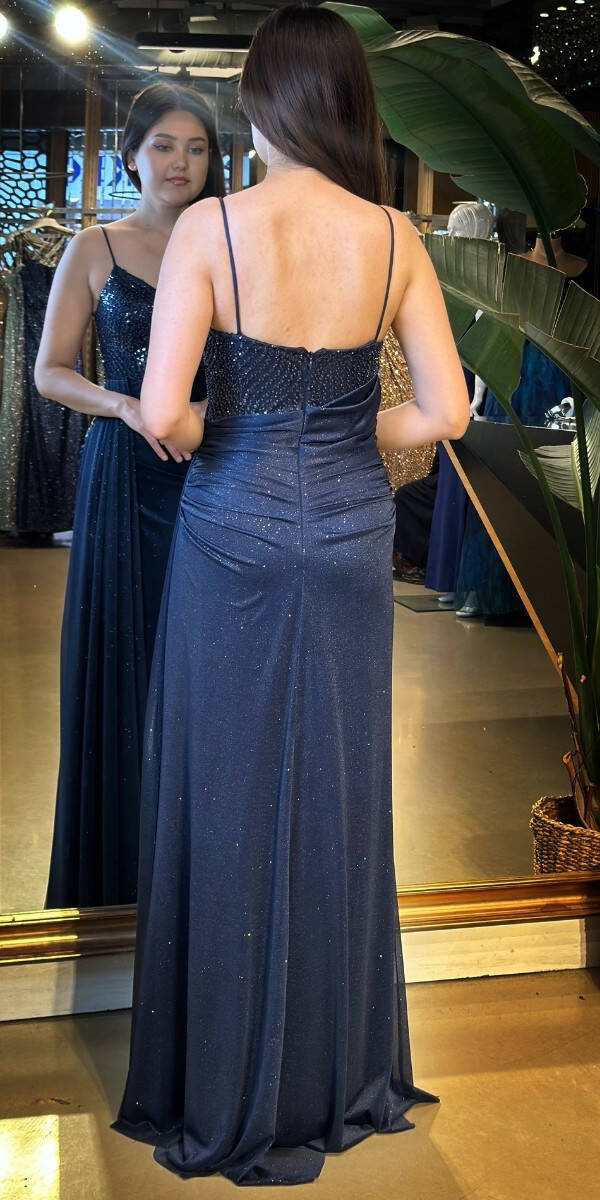 Lacivert İp Askılı Düz Kesim Simli Uzun Abiye Elbise 7767 - 5