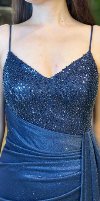 Lacivert İp Askılı Düz Kesim Simli Uzun Abiye Elbise 7767 - 4