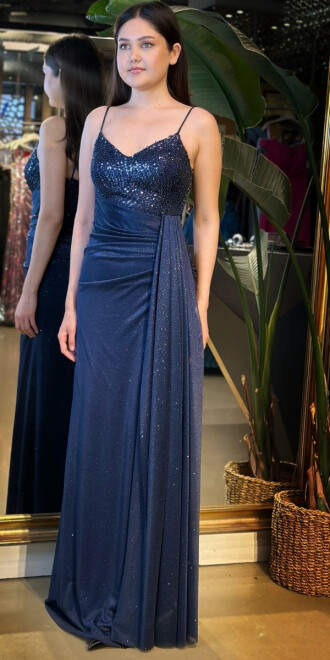 Lacivert İp Askılı Düz Kesim Simli Uzun Abiye Elbise 7767 - 2