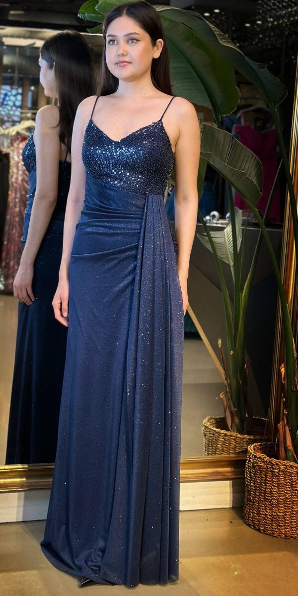 Lacivert İp Askılı Düz Kesim Simli Uzun Abiye Elbise 7767 - 2