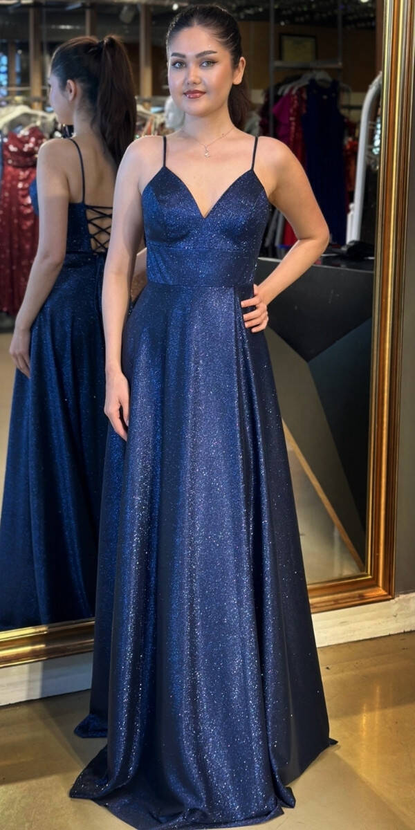 Lacivert İp Askılı Sırt Dekolteli Anvelop Yırtmaçlı Kloş Etekli Simli Uzun Abiye Elbise 6885 - 1