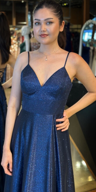 Lacivert İp Askılı Sırt Dekolteli Anvelop Yırtmaçlı Kloş Etekli Simli Uzun Abiye Elbise 6885 - 3