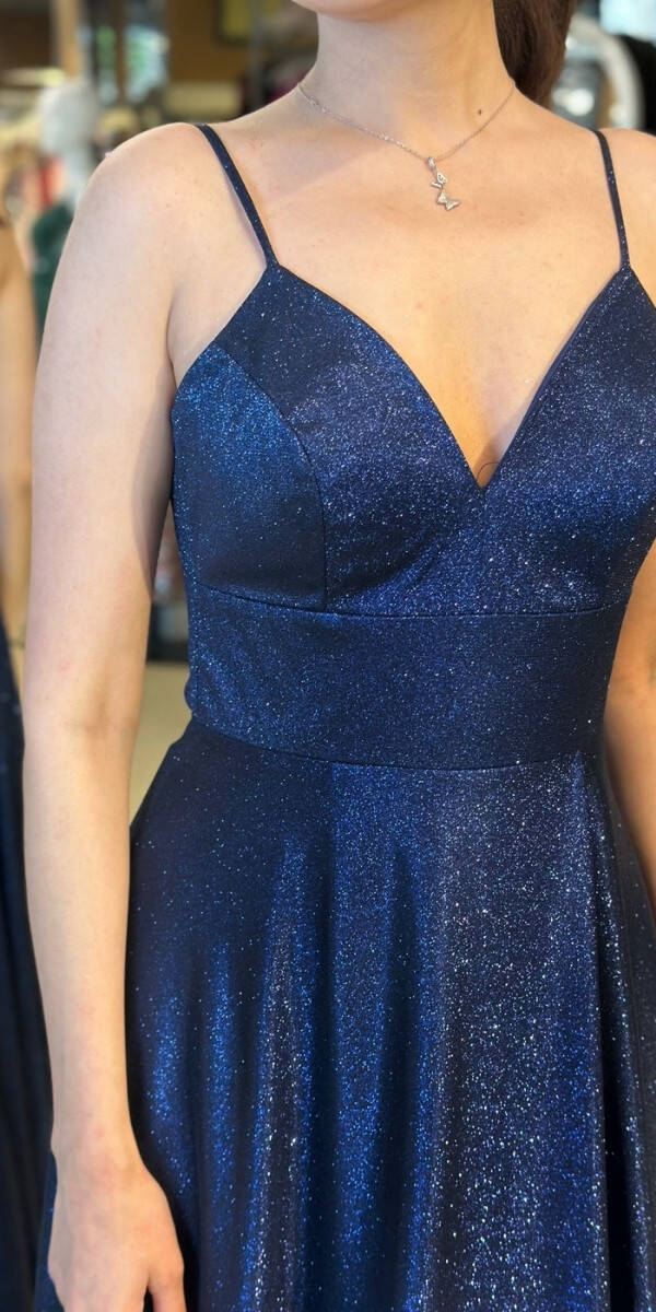 Lacivert İp Askılı Sırt Dekolteli Anvelop Yırtmaçlı Kloş Etekli Simli Uzun Abiye Elbise 6885 - 4