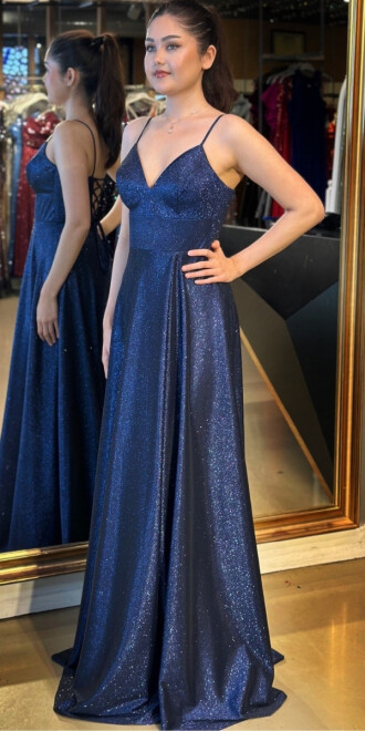 Lacivert İp Askılı Sırt Dekolteli Anvelop Yırtmaçlı Kloş Etekli Simli Uzun Abiye Elbise 6885 - 2