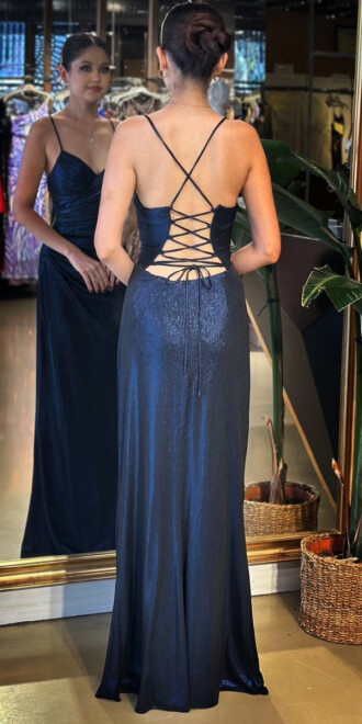 Lacivert V Yaka İp Askılı Sırt Dekolteli Düz Kesim Parlak Kumaş Uzun Abiye Elbise 11086-05 - 5