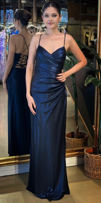 Lacivert V Yaka İp Askılı Sırt Dekolteli Düz Kesim Parlak Kumaş Uzun Abiye Elbise 11086-05 