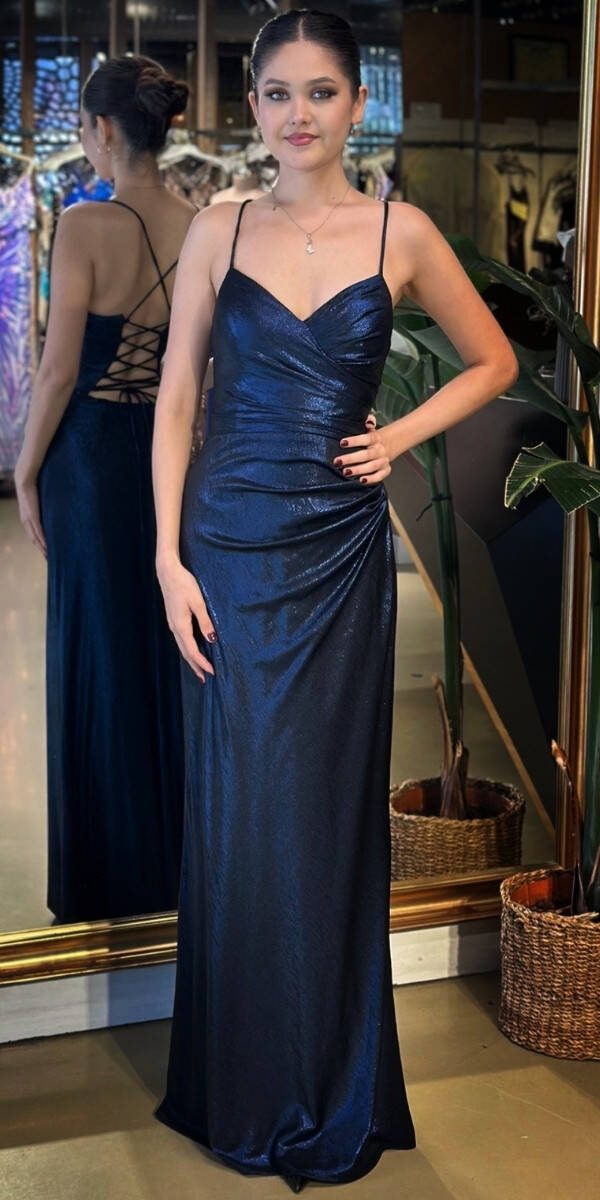Lacivert V Yaka İp Askılı Sırt Dekolteli Düz Kesim Parlak Kumaş Uzun Abiye Elbise 11086-05 - 1