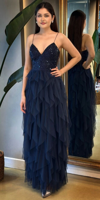 Lacivert İp Askılı Boncuk İşlemeli Sırt Dekolteli Kloş Etekli Tül Uzun Abiye Elbise 7588 