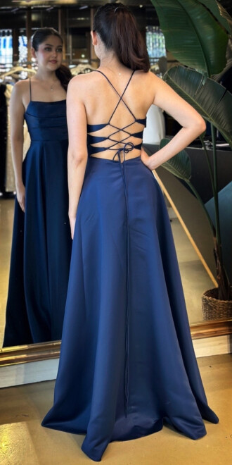 Lacivert İp Askılı Sırt Dekolteli Kloş Etekli Saten Uzun Abiye Elbise 7764 - 5