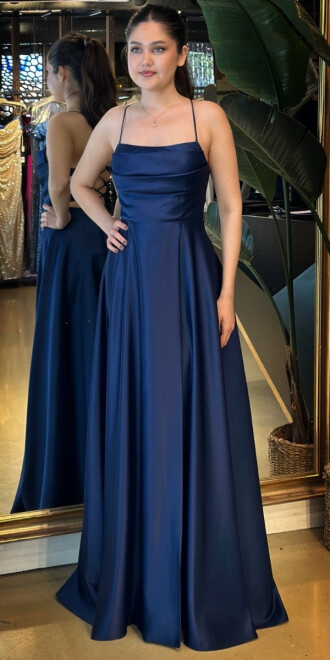 Lacivert İp Askılı Sırt Dekolteli Kloş Etekli Saten Uzun Abiye Elbise 7764 - 2