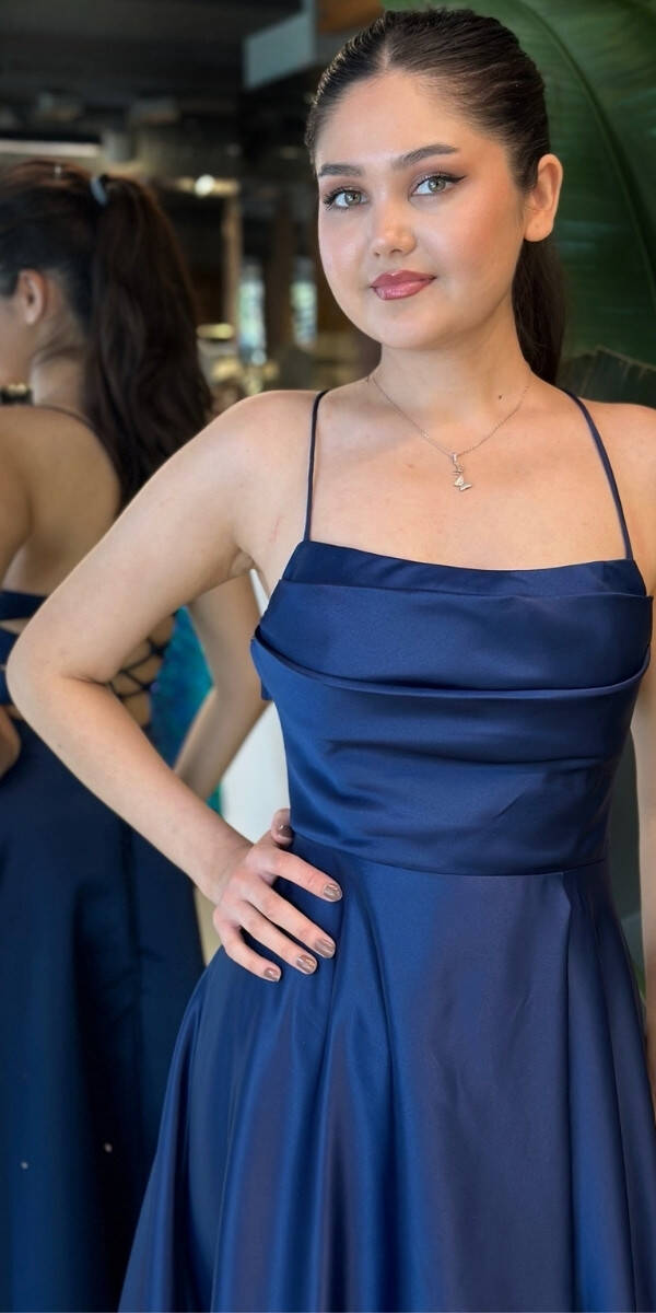 Lacivert İp Askılı Sırt Dekolteli Kloş Etekli Saten Uzun Abiye Elbise 7764 - 3