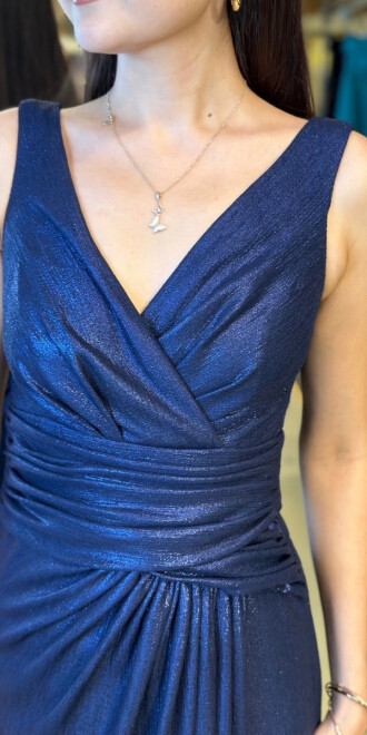 Lacivert Kalın Askı V Yaka Anvelop Yırtmaçlı Düz Kesim Simli Uzun Abiye Elbise 11074 - 4