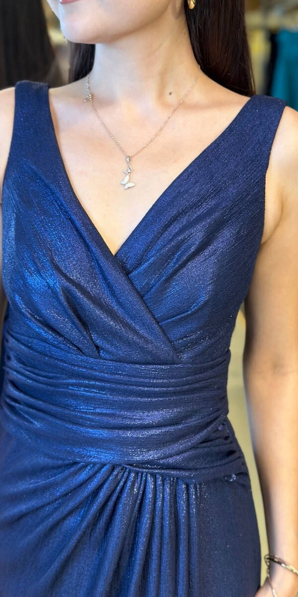 Lacivert Kalın Askı V Yaka Anvelop Yırtmaçlı Düz Kesim Simli Uzun Abiye Elbise 11074 - 4