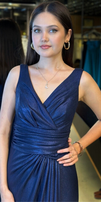 Lacivert Kalın Askı V Yaka Anvelop Yırtmaçlı Düz Kesim Simli Uzun Abiye Elbise 11074 - 3