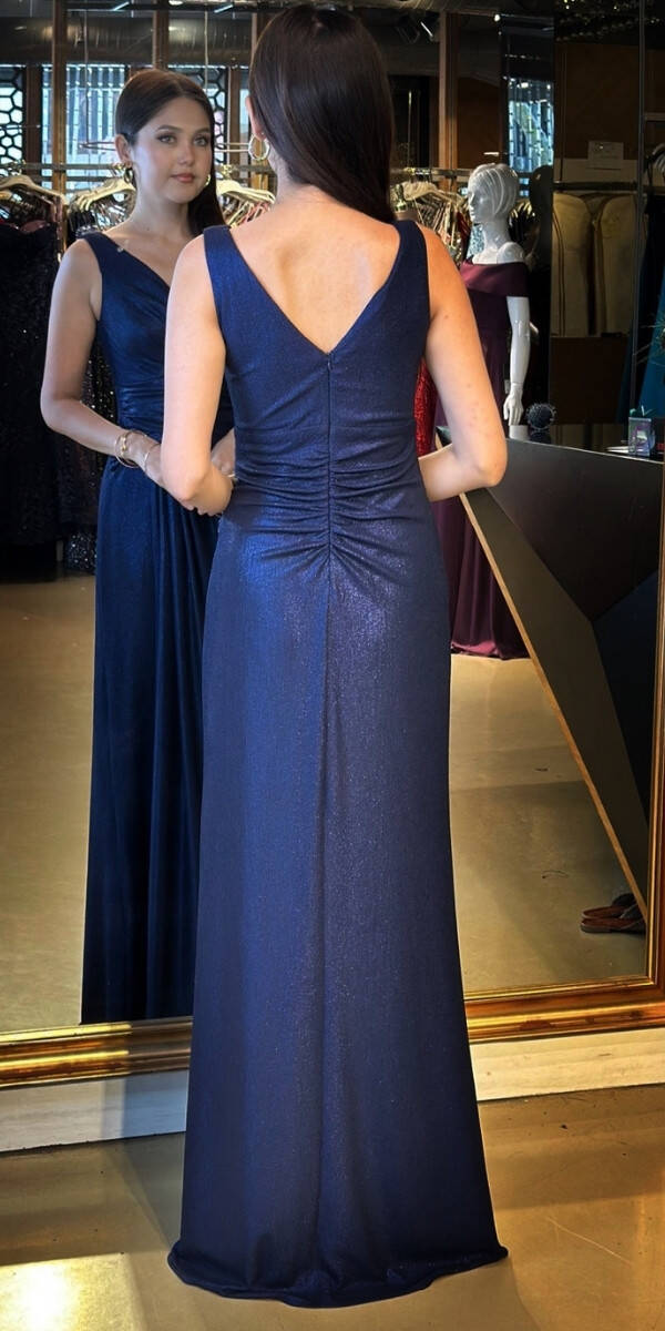 Lacivert Kalın Askı V Yaka Anvelop Yırtmaçlı Düz Kesim Simli Uzun Abiye Elbise 11074 - 5