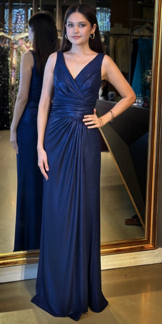 Lacivert Kalın Askı V Yaka Anvelop Yırtmaçlı Düz Kesim Simli Uzun Abiye Elbise 11074 