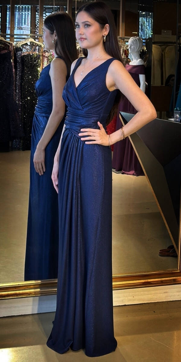 Lacivert Kalın Askı V Yaka Anvelop Yırtmaçlı Düz Kesim Simli Uzun Abiye Elbise 11074 - 2