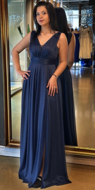 Lacivert Kalın Askı Yırtmaçlı Kloş Etekli Simli Uzun Abiye Elbise 7205 - abiyeniall