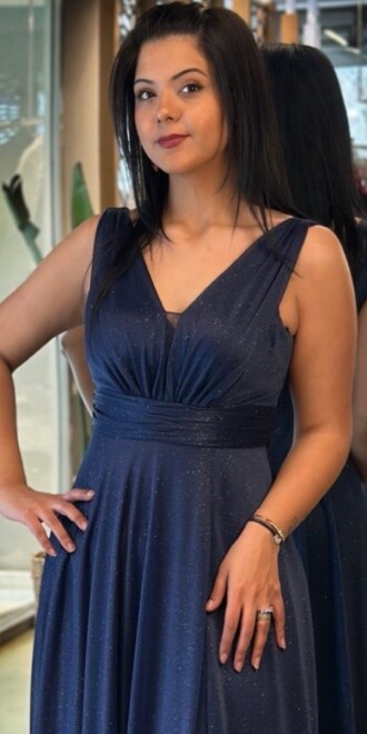 Lacivert Kalın Askı Yırtmaçlı Kloş Etekli Simli Uzun Abiye Elbise 7205 - 2