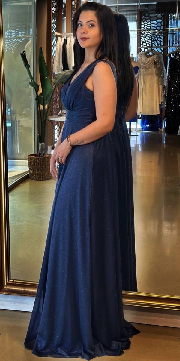 Lacivert Kalın Askı Yırtmaçlı Kloş Etekli Simli Uzun Abiye Elbise 7205 - 3