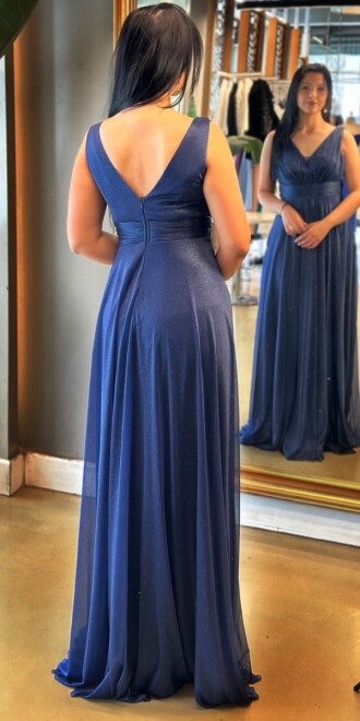 Lacivert Kalın Askı Yırtmaçlı Kloş Etekli Simli Uzun Abiye Elbise 7205 - 4