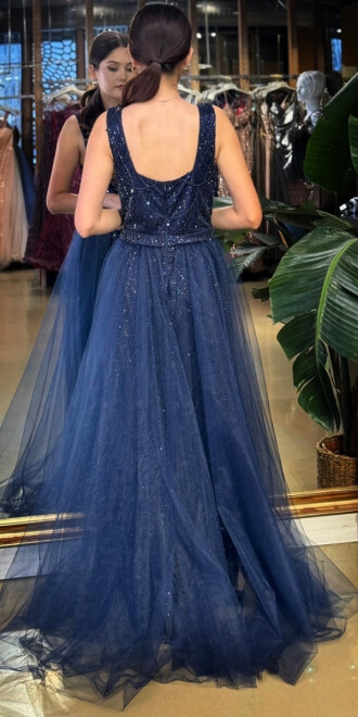 Lacivert Kare Yaka Kalın Askı Çıkarılabilir Kuyruk Pullu Boncuklu Uzun Abiye Elbise 11055-01 - 4