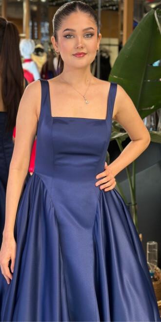 Lacivert Kare Yaka Kalın Askı Kloş Etekli Tafta Uzun Abiye Elbise 11136-02 - 3