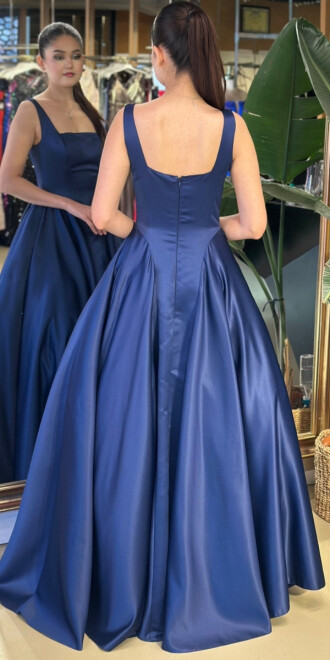 Lacivert Kare Yaka Kalın Askı Kloş Etekli Tafta Uzun Abiye Elbise 11136-02 - 5