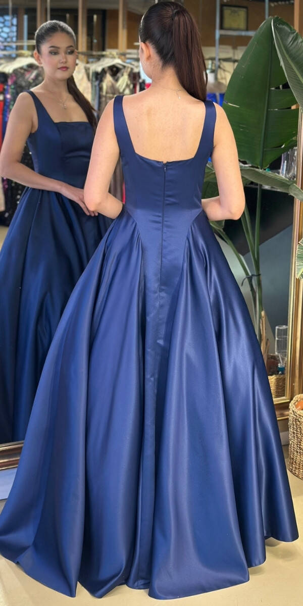 Lacivert Kare Yaka Kalın Askı Kloş Etekli Tafta Uzun Abiye Elbise 11136-02 - 5