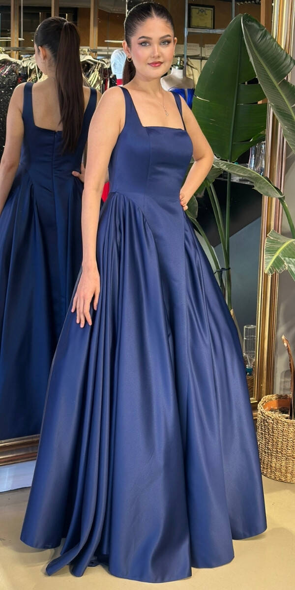 Lacivert Kare Yaka Kalın Askı Kloş Etekli Tafta Uzun Abiye Elbise 11136-02 - 1