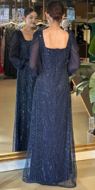 Lacivert Kare Yaka Uzun Kollu Düz Kesim Pullu Boncuklu Uzun Abiye Elbise 11135-02 - 5