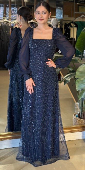 Lacivert Kare Yaka Uzun Kollu Düz Kesim Pullu Boncuklu Uzun Abiye Elbise 11135-02 - 1