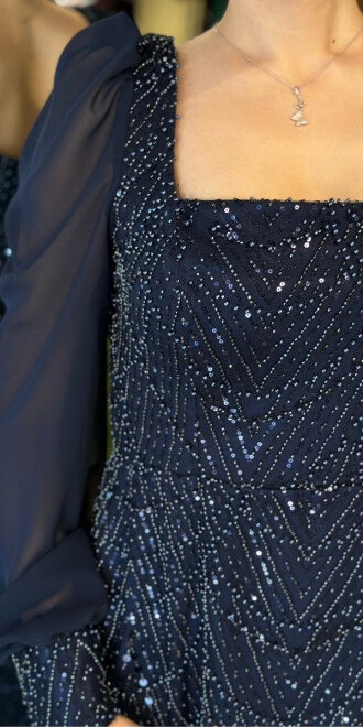 Lacivert Kare Yaka Uzun Kollu Düz Kesim Pullu Boncuklu Uzun Abiye Elbise 11135-02 - 4