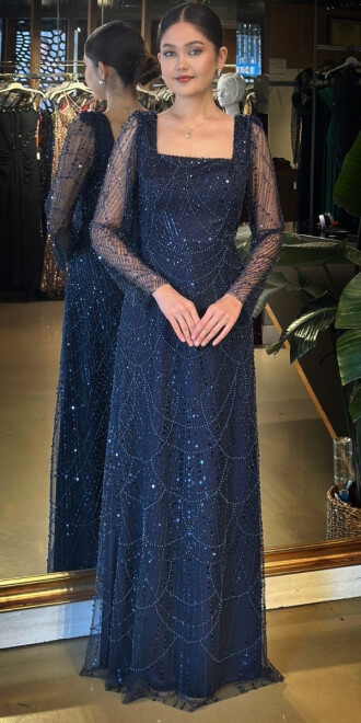 Lacivert Kare Yaka Uzun Kollu Kloş Etekli Pullu Boncuklu Uzun Abiye Elbise 11047-04 - 1