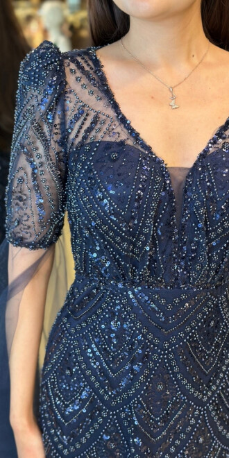 Lacivert Kısa Kollu Pelerin Aksesuarlı Düz Kesim Pullu Boncuklu Uzun Abiye Elbise 7713 - 4