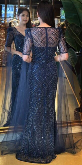 Lacivert Kısa Kollu Pelerin Aksesuarlı Düz Kesim Pullu Boncuklu Uzun Abiye Elbise 7713 - 5