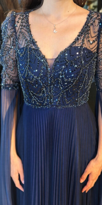 Lacivert Kısa Kollu Tül Detaylı V Yaka Düz Kesim Tül Uzun Abiye Elbise 7761 - 4