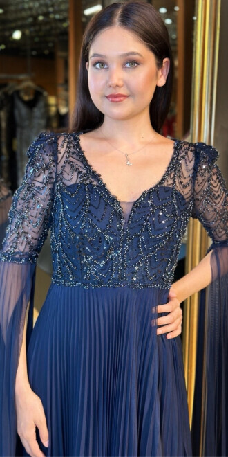 Lacivert Kısa Kollu Tül Detaylı V Yaka Düz Kesim Tül Uzun Abiye Elbise 7761 - 3