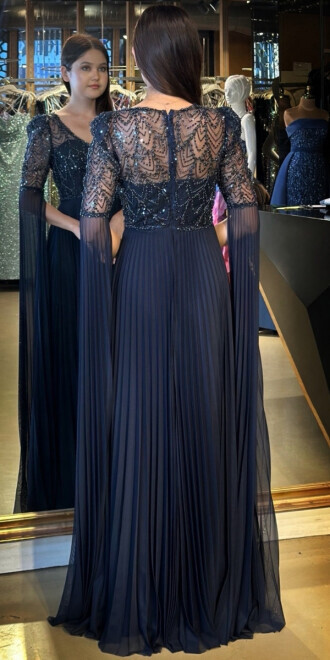 Lacivert Kısa Kollu Tül Detaylı V Yaka Düz Kesim Tül Uzun Abiye Elbise 7761 - 5