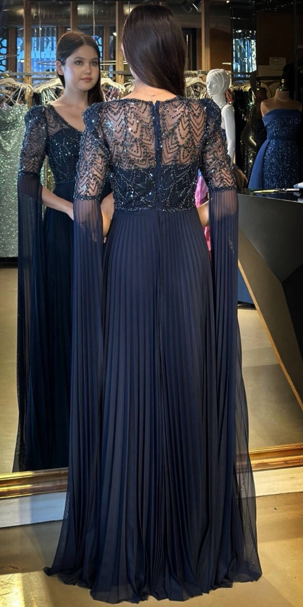 Lacivert Kısa Kollu Tül Detaylı V Yaka Düz Kesim Tül Uzun Abiye Elbise 7761 - 5